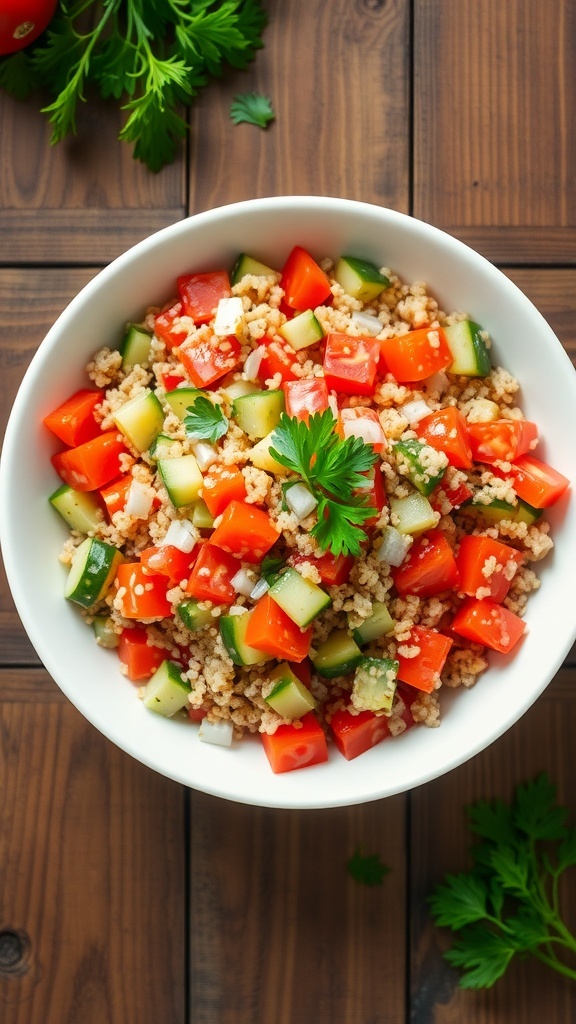 A colorful quinoa salad with tomatoes, cucumbers, and onions in a white bowl, garnished with parsley.